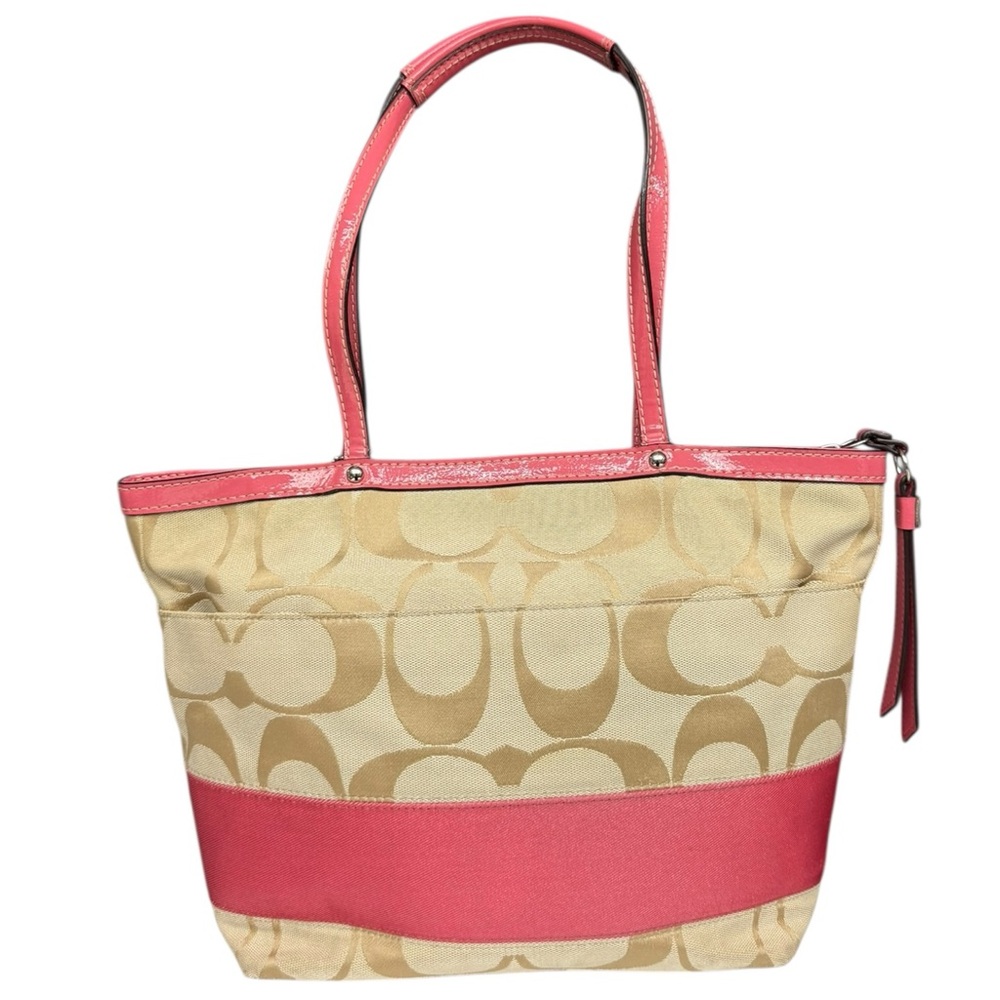 Coach Signature Stripe Tote Bag Light Beige Pink Patent Leather Trim Bag Charm - Picture 4 of 17